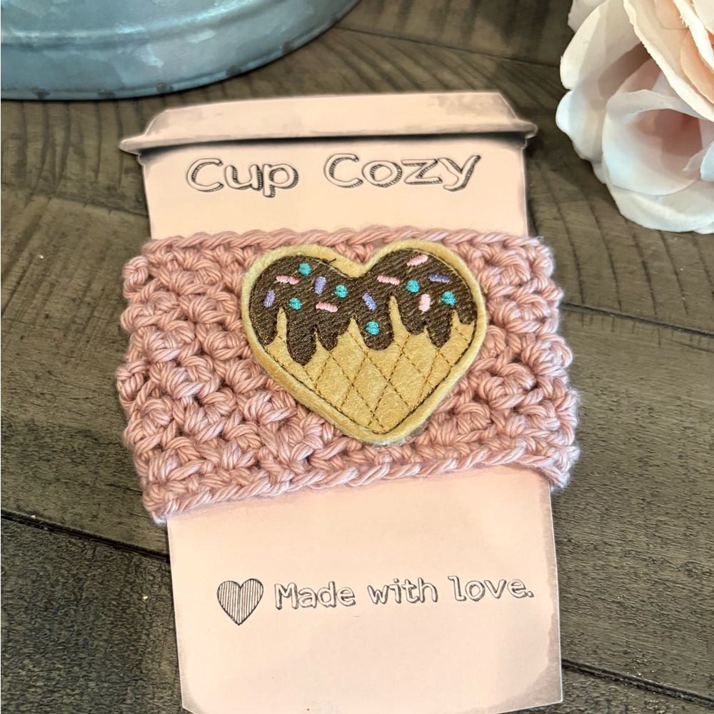 Pink Crochet Cup Cozy with Ice Cream Heart Patch